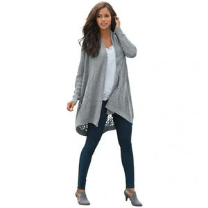Roaman’s Pointelle Cardigan, Size 1X (22/24), Gunmetal